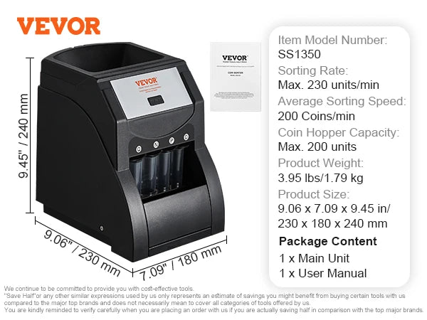 Vevor SucceBuy Coin Sorter Counter 230 300 Coins Per Minute