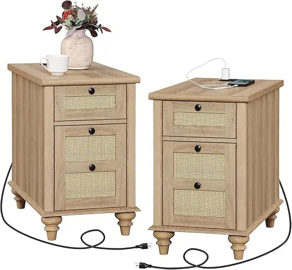 Set of 2 Farmhouse End Tables With Charging Station Drawer