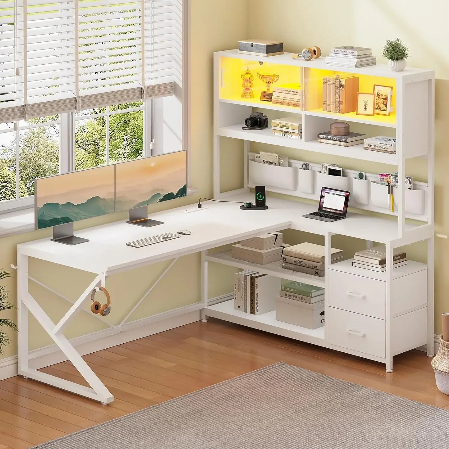 General Use L Shaped Gaming Desk With 2 Drawers Bookshelf