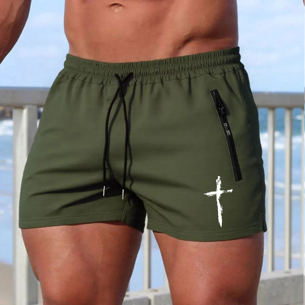 CN Men Cross Print Beach Shorts Quick Dry Zipper Pockets