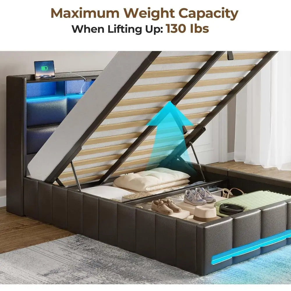 Twin Bed With Illuminated Storage And USB Charging Headboard