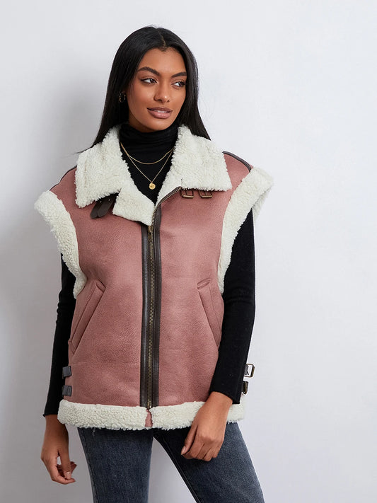 Meihuida Ladies Cozy Faux Fur Vest Quilted High Neck Coat