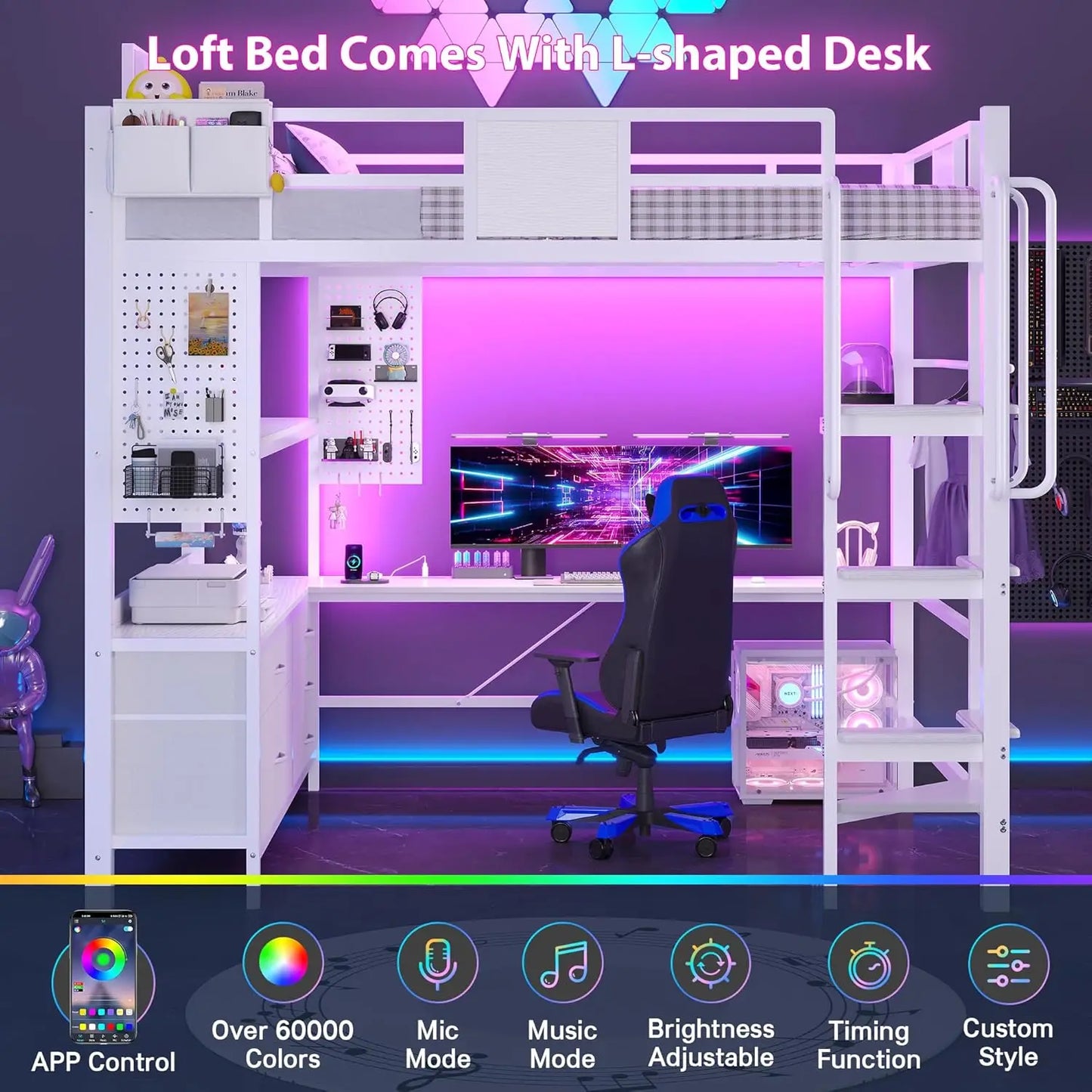 Loft Bed Desk With 5 Drawers Heavy Metal Charging Station and Pegboard