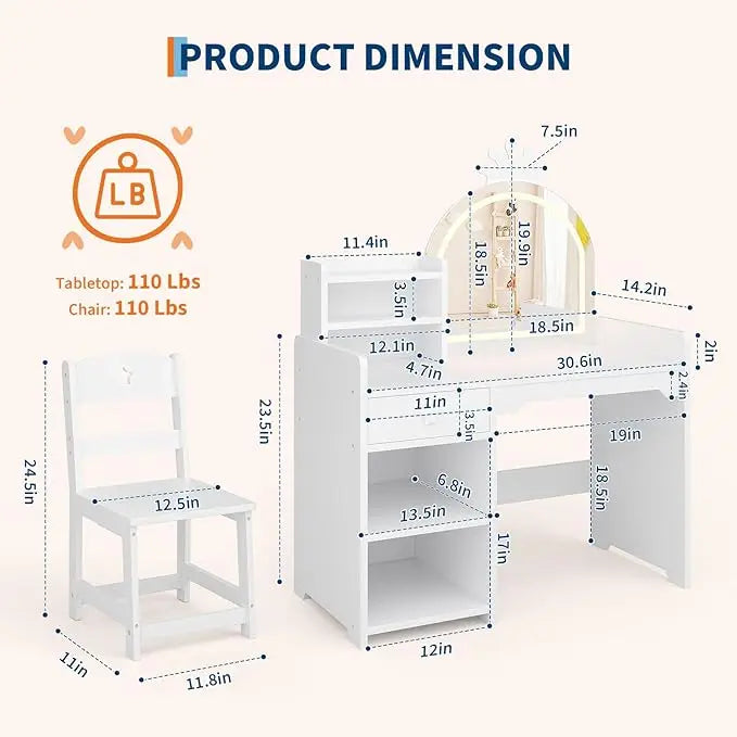 HiMISS Kids Vanity With Lighting 2 In 1 Makeup Desk