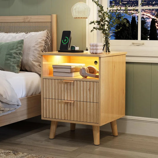 Color Nightstand With Charging Station And Fluted Panel