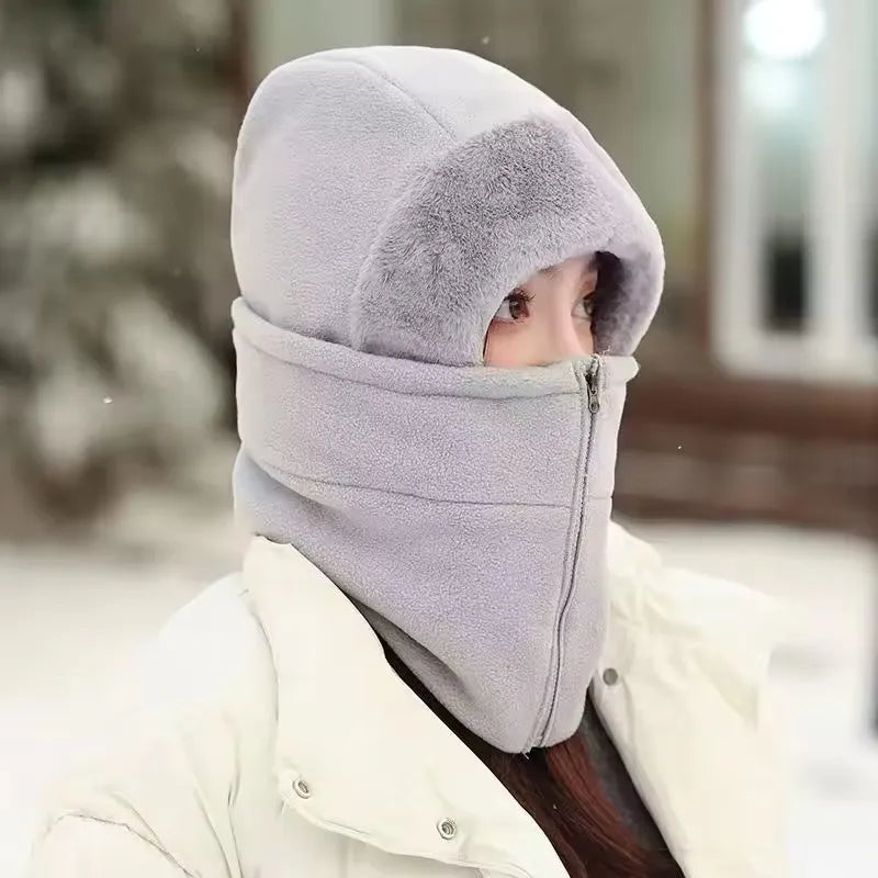 NONECN Winter Warm Integrated Plush Hat With Windproof Mask