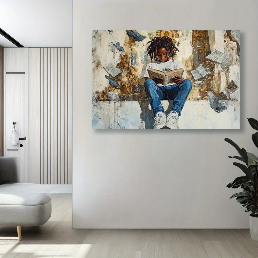 Hign Concerned African Boy Reading Sketch Wall Art Print
