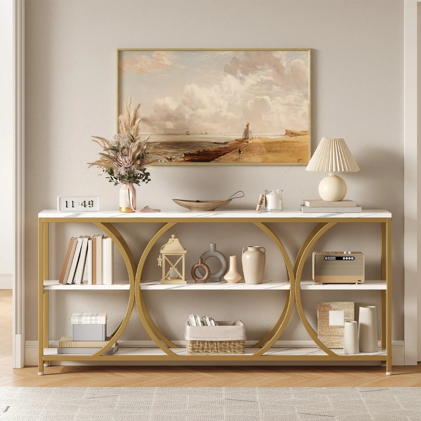 Modern Console Table With Three Tier Storage Shelves Entryway