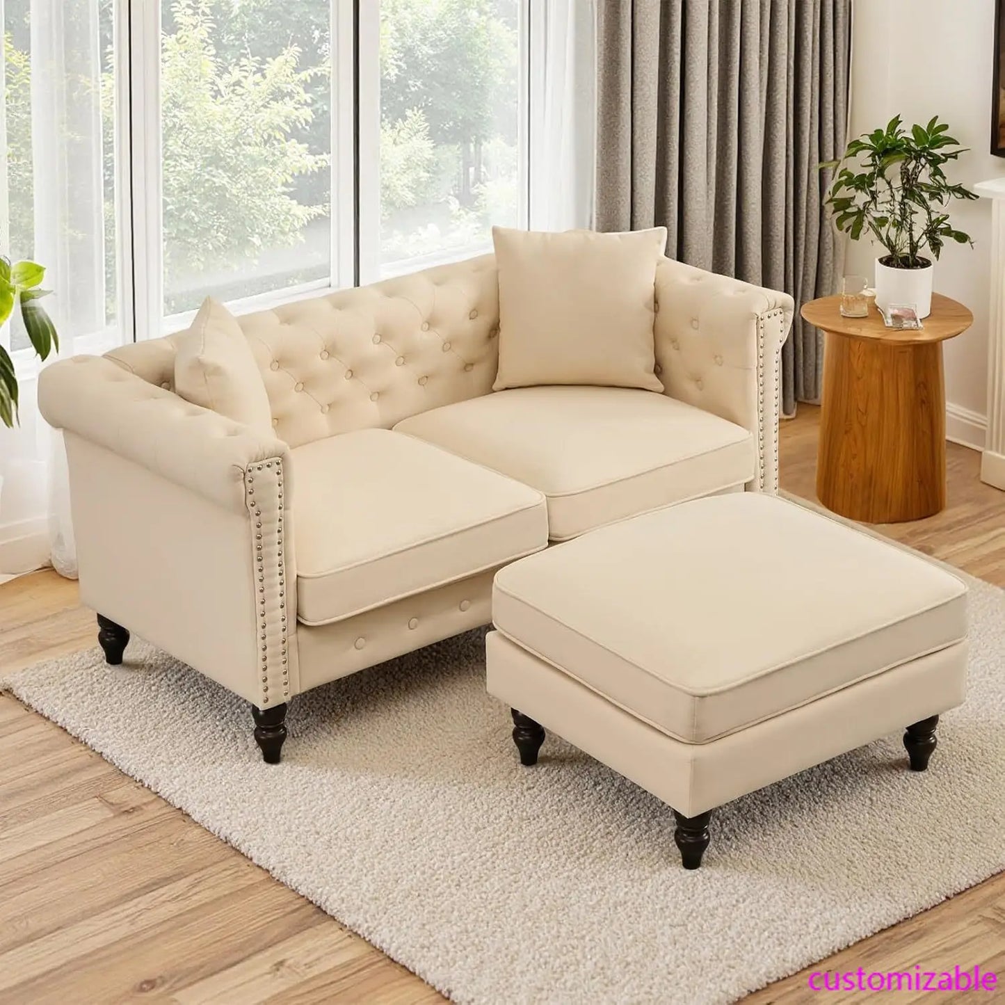 XMSJ Chesterfield Tufted Linen Sofa With Gourd Legs