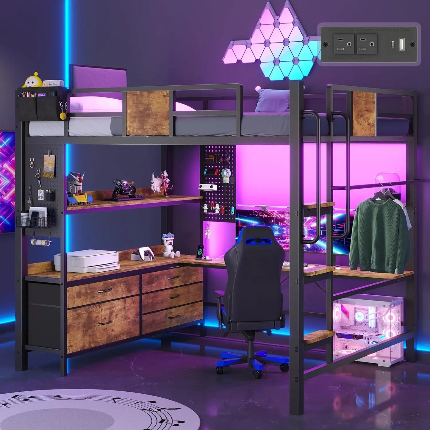 Loft Bed Desk With 5 Drawers Heavy Metal Charging Station and Pegboard