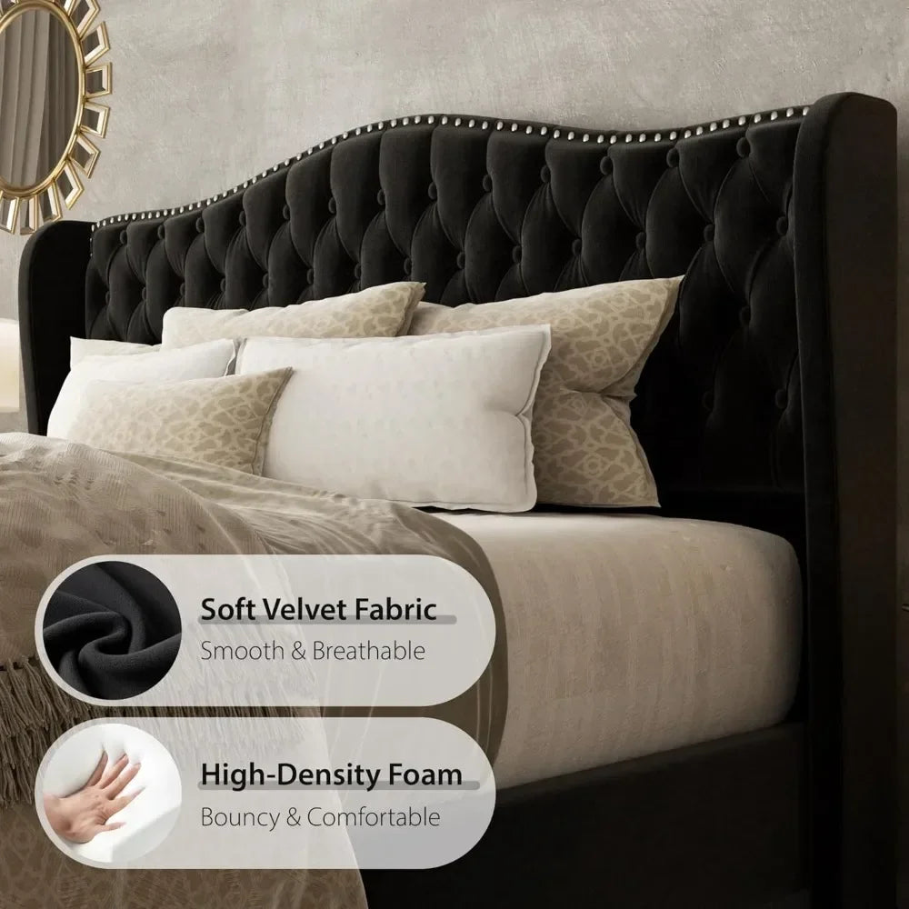 Platform Bed Frame With Upholstered Wingback Headboard