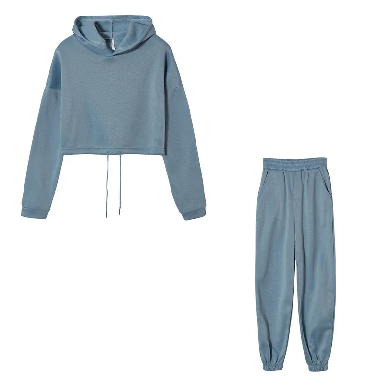 Womens Hooded Knit Tracksuit Set Two Piece Sportswear Casual