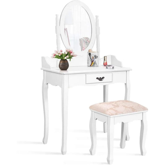 Vanity Table With Mirror And Cushioned Stool Drawer Organizer Makeup Desk