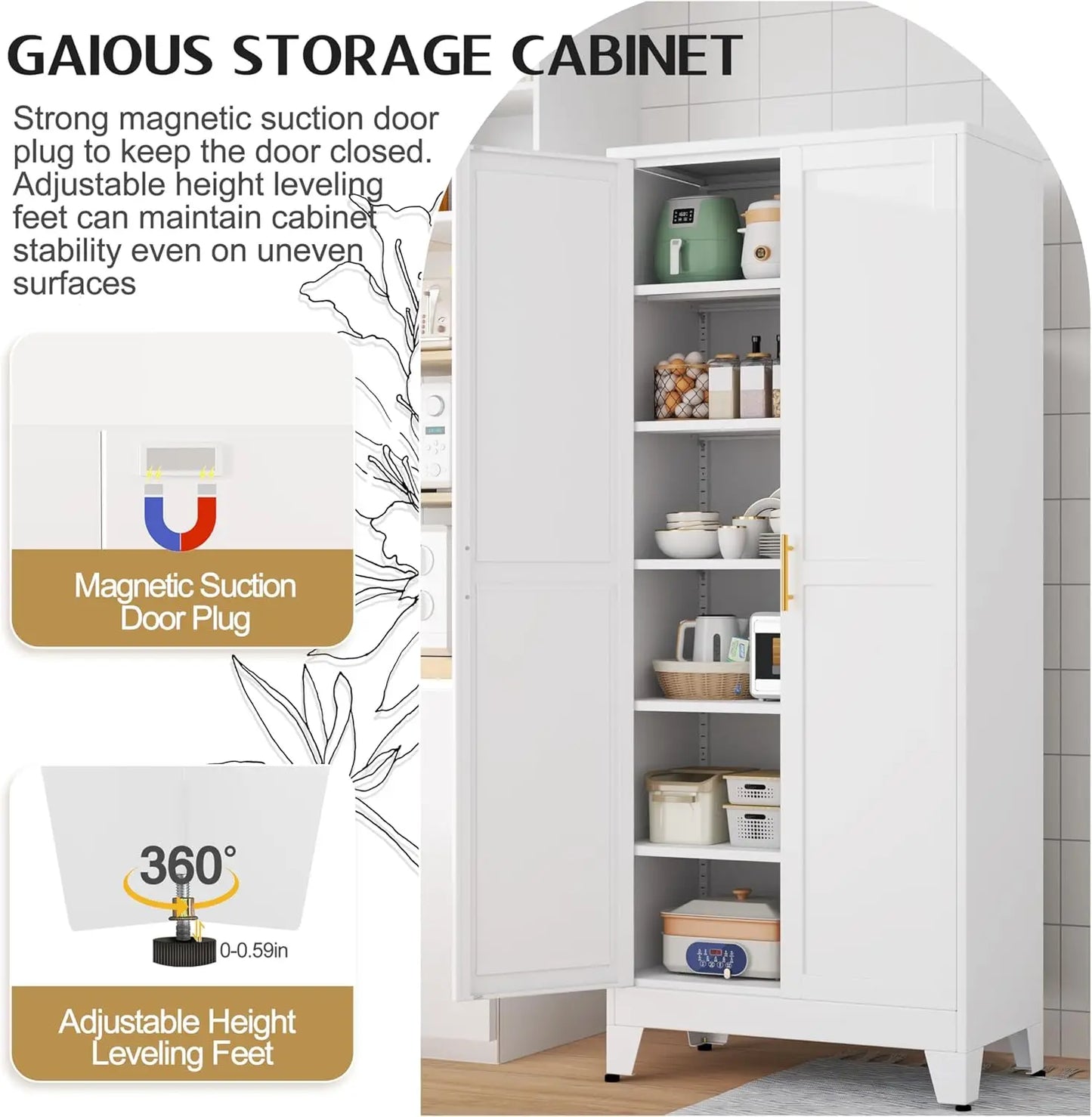 XMSJ Pantry Cabinet With 2 Doors And 5 Adjustable Shelves