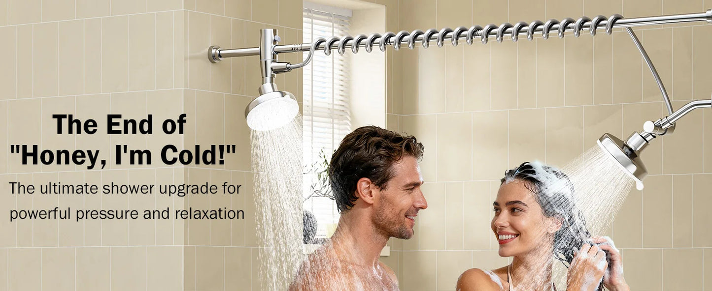 Tandem Dual Shower Head For Couples With Adjustable Slider