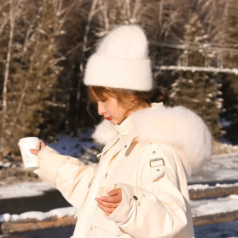 Warm Cashmere Wool Beanie With Rabbit Fur For Women Outdoor