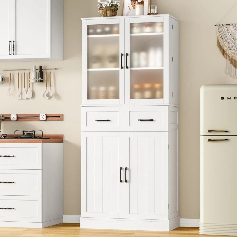 Kitchen Pantry Storage Cabinet With Frosted Glass Doors And Drawers
