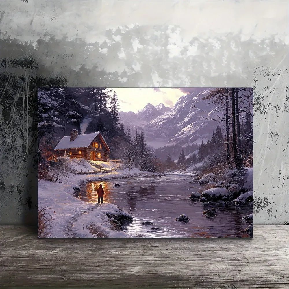 Hign-concerned Winter Cabin River View Wall Mural Decor