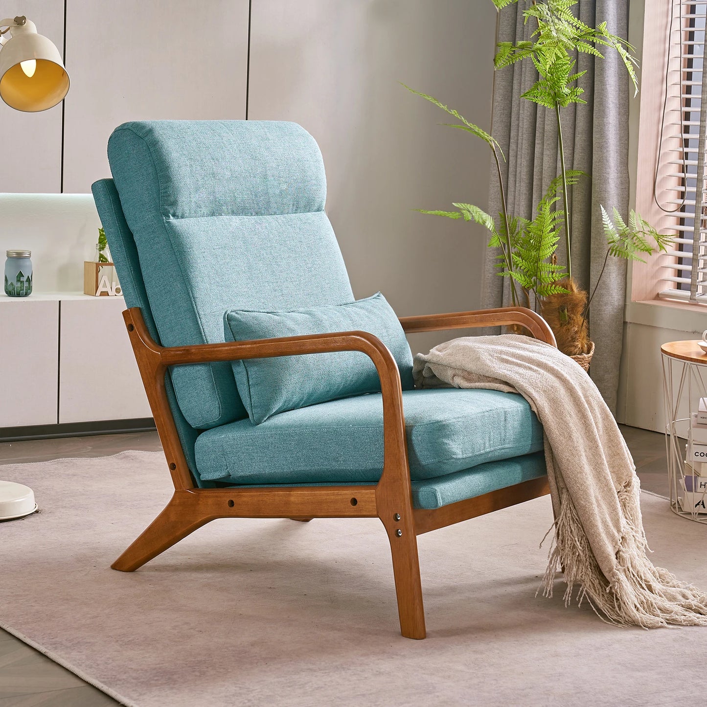 FCH High Back Solid Wood Chair With Linen Upholstery Iron Frame