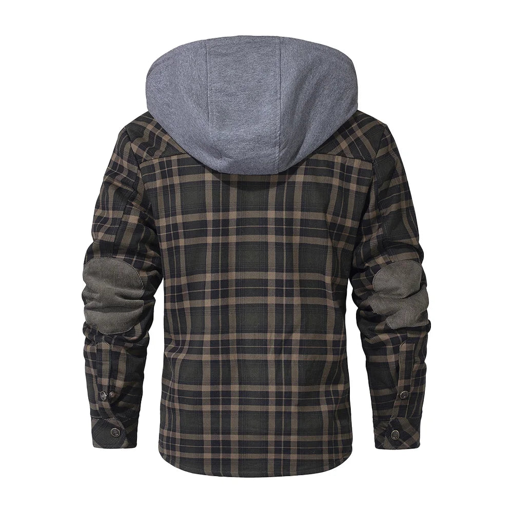 Fujian Mens Winter Hooded Coat Sherpa Lined Plaid Flannel Jacket