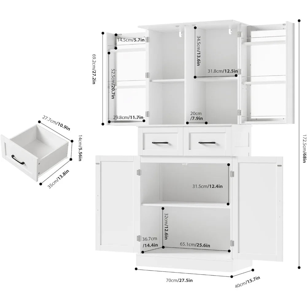 Kitchen Pantry Storage Cabinet With Frosted Glass Doors And Drawers