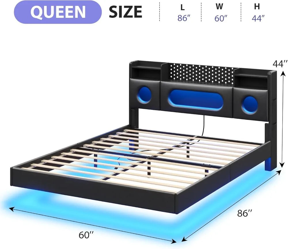 Floating Bed Frame Storage Headboard LED Lights And Charging Station