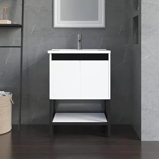Ceramic Sink Vanity With Modern Chrome Faucet For Bathroom