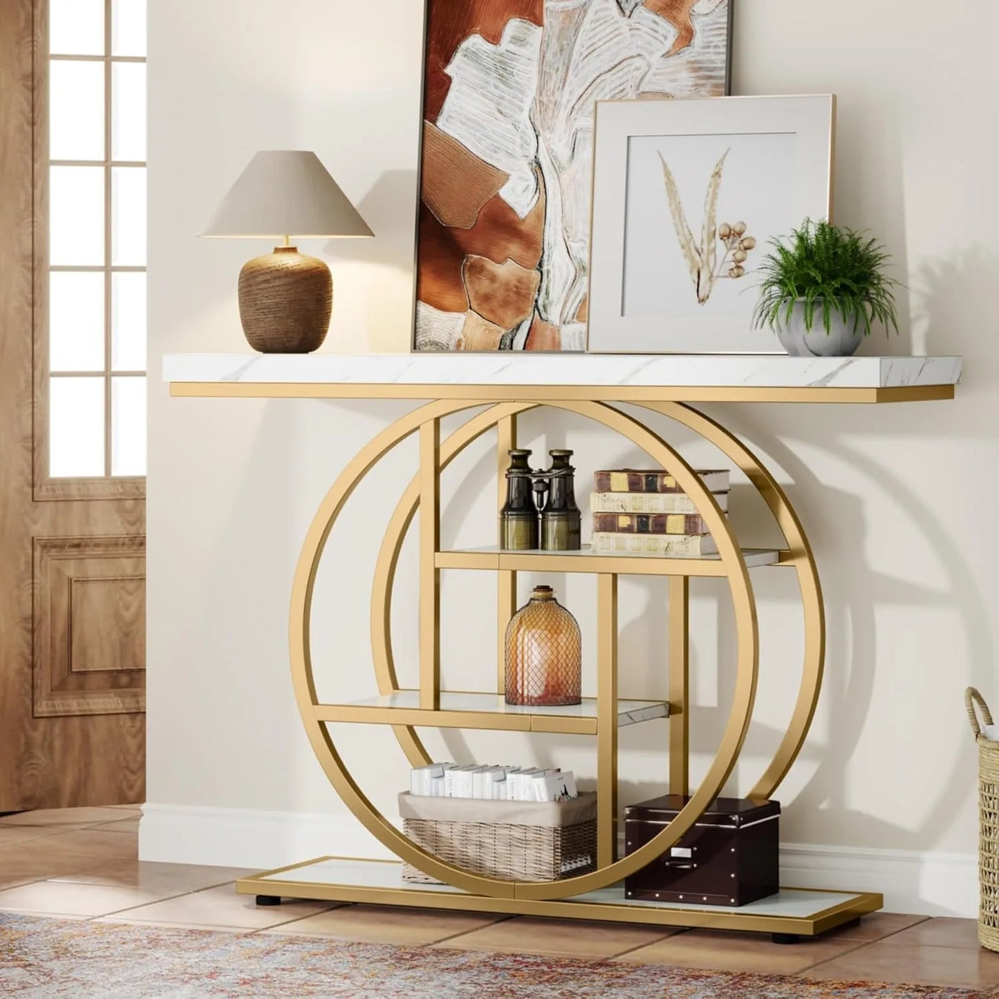 LITTLE TREE Industrial 4-Tier Console Table With Storage Shelves