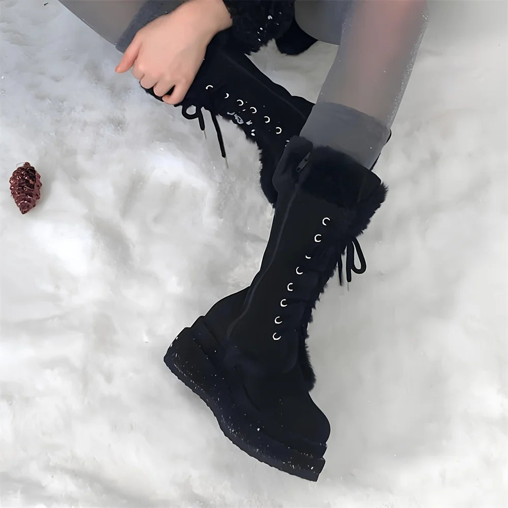 Women Winter Faux Fur Mid Calf Snow Boots Platform Wedges