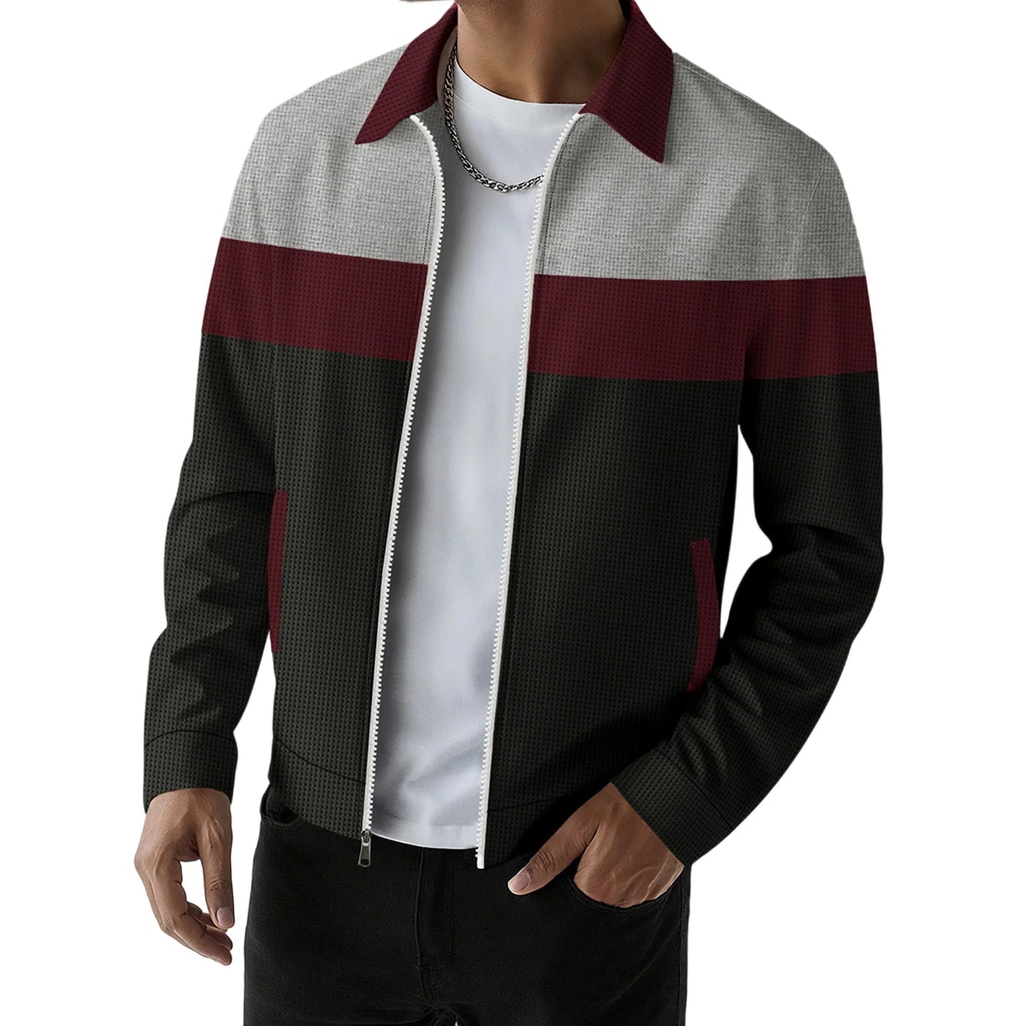 Guangdong Mens Casual Zip Up Jacket With Patchwork Design Pockets Lapel Collar