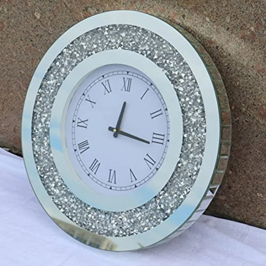 Silver Round Mirror Clock Crystal Sparkle Wall Decor