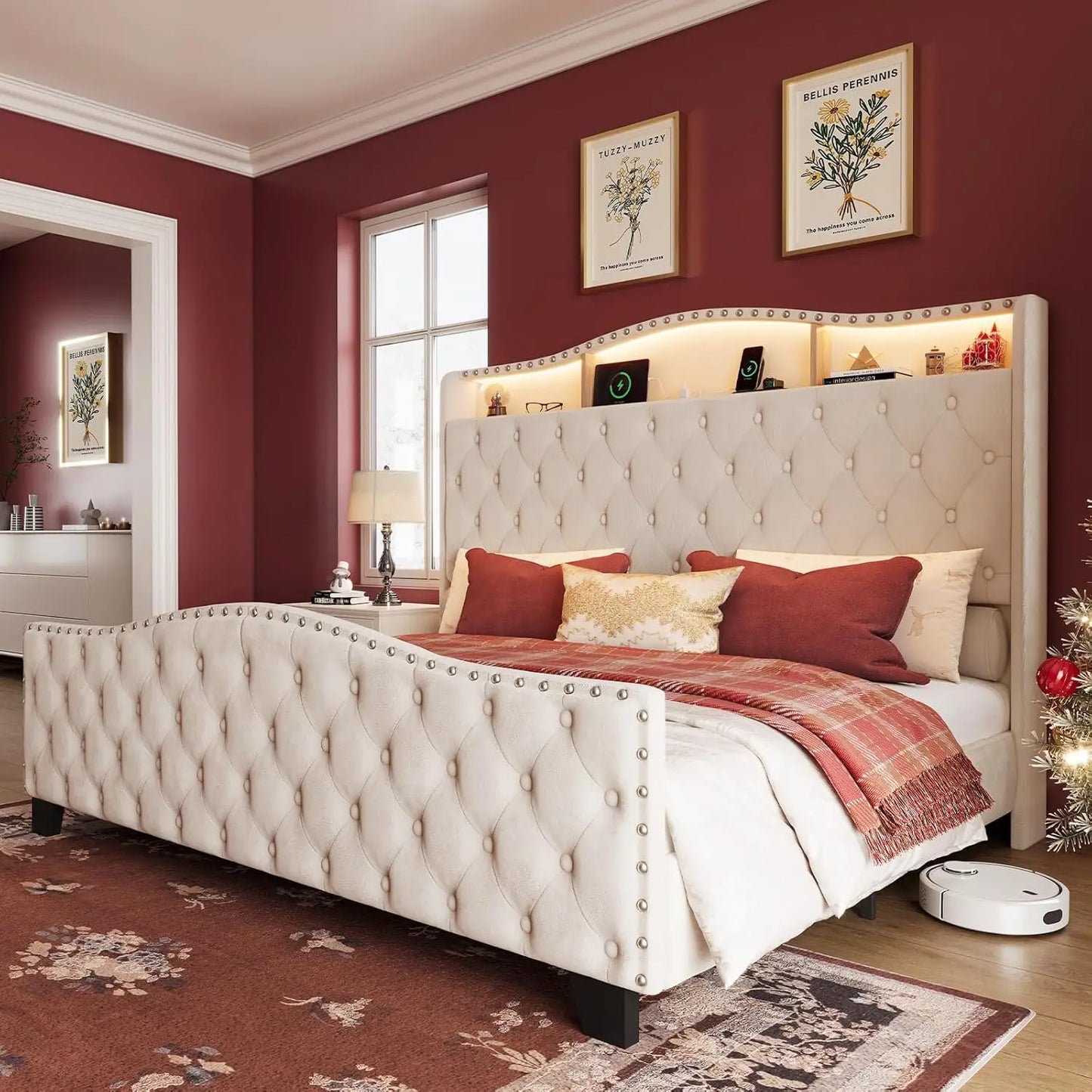 Velvet Wingback Bed Frame Tufted Footboard Squeak Resistant