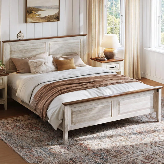Hignconcerned Farmhouse Wooden Bed Frame With Solid Slats