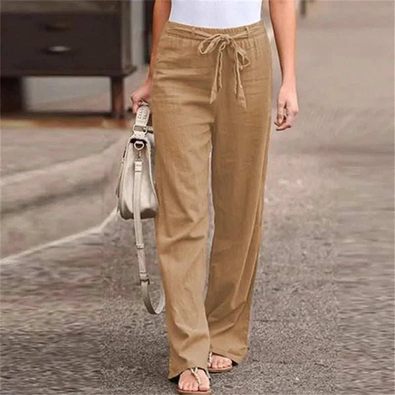 Cotton Linen Women Elastic Waist Straight Pants Beach Casual