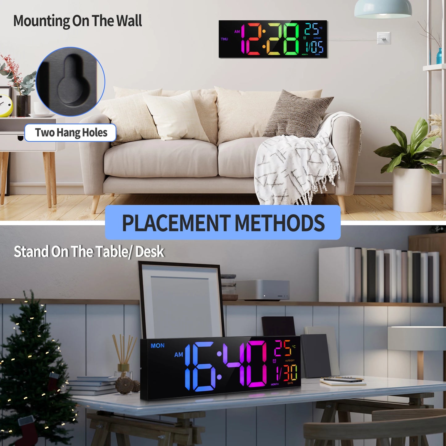 Digital Wall Clock with Large LED Display, Remote, Alarm, Temperature