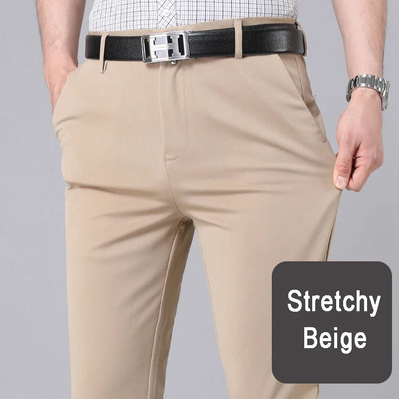 Mens Stretch Trousers Korean Straight Leg Office Quick Dry Pants