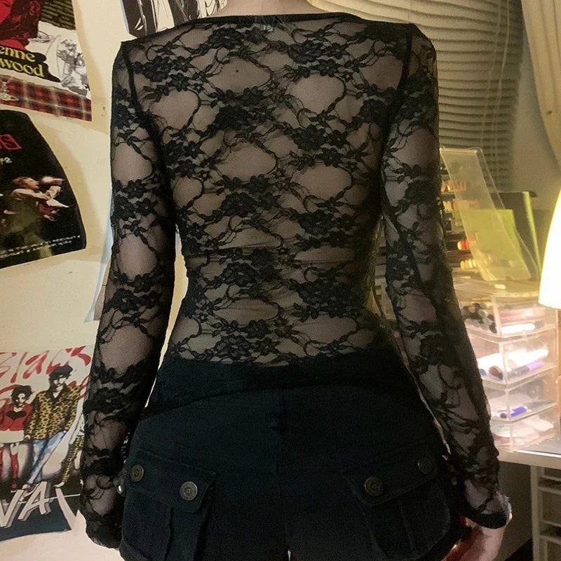 Gothic Lace Long Sleeve Crop Top Women Y2K Aesthetic Tee