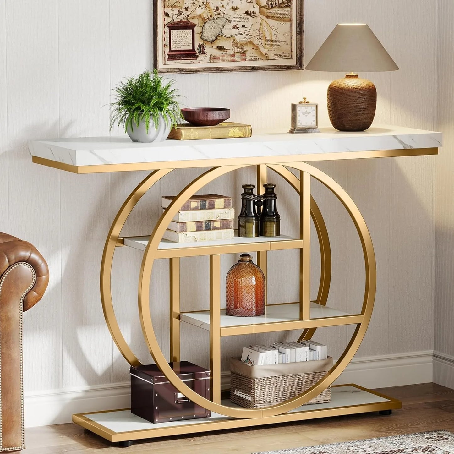 LITTLE TREE Industrial 4-Tier Console Table With Storage Shelves