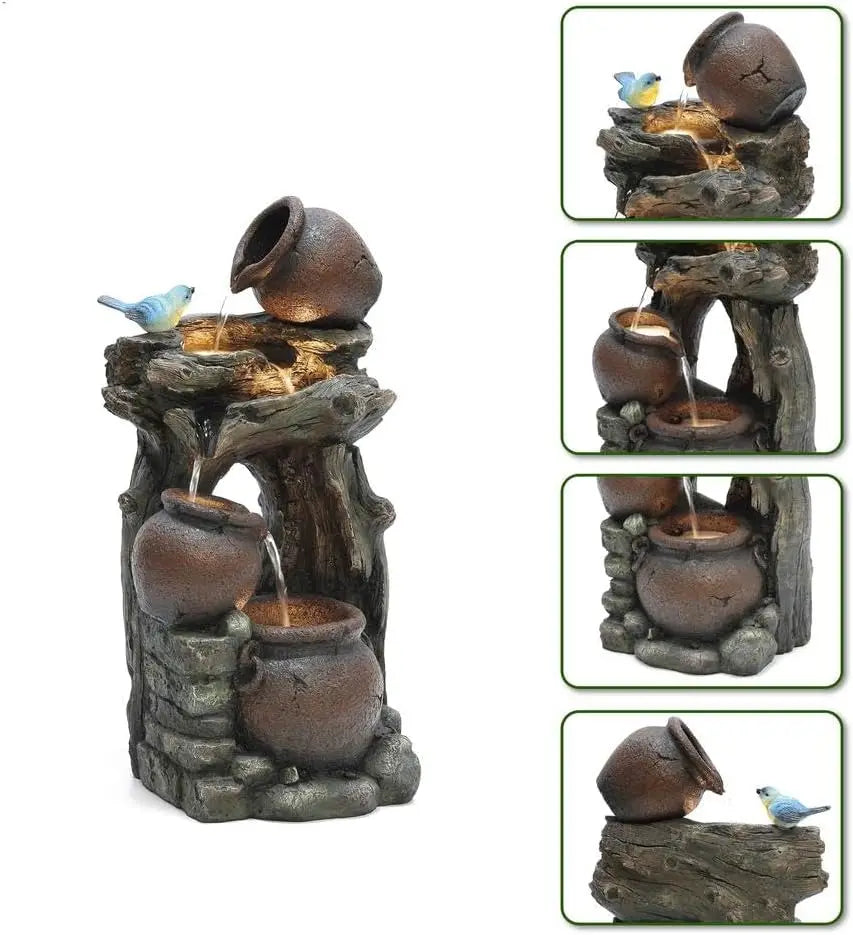 Outdoor Water Fountain Cascading Lights Rustic Garden Decor