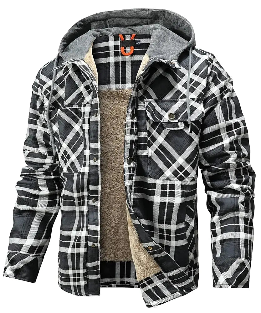 Fujian Mens Winter Hooded Coat Sherpa Lined Plaid Flannel Jacket