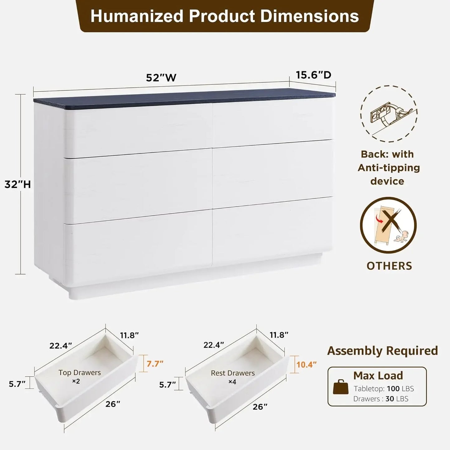 Modern 6 Drawer Dresser For Bedroom Storage