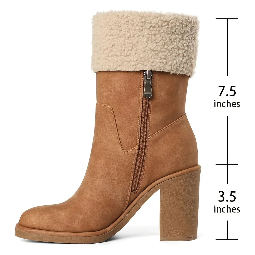 Womens Winter Faux Fur Block Heel Snow Boots For Office