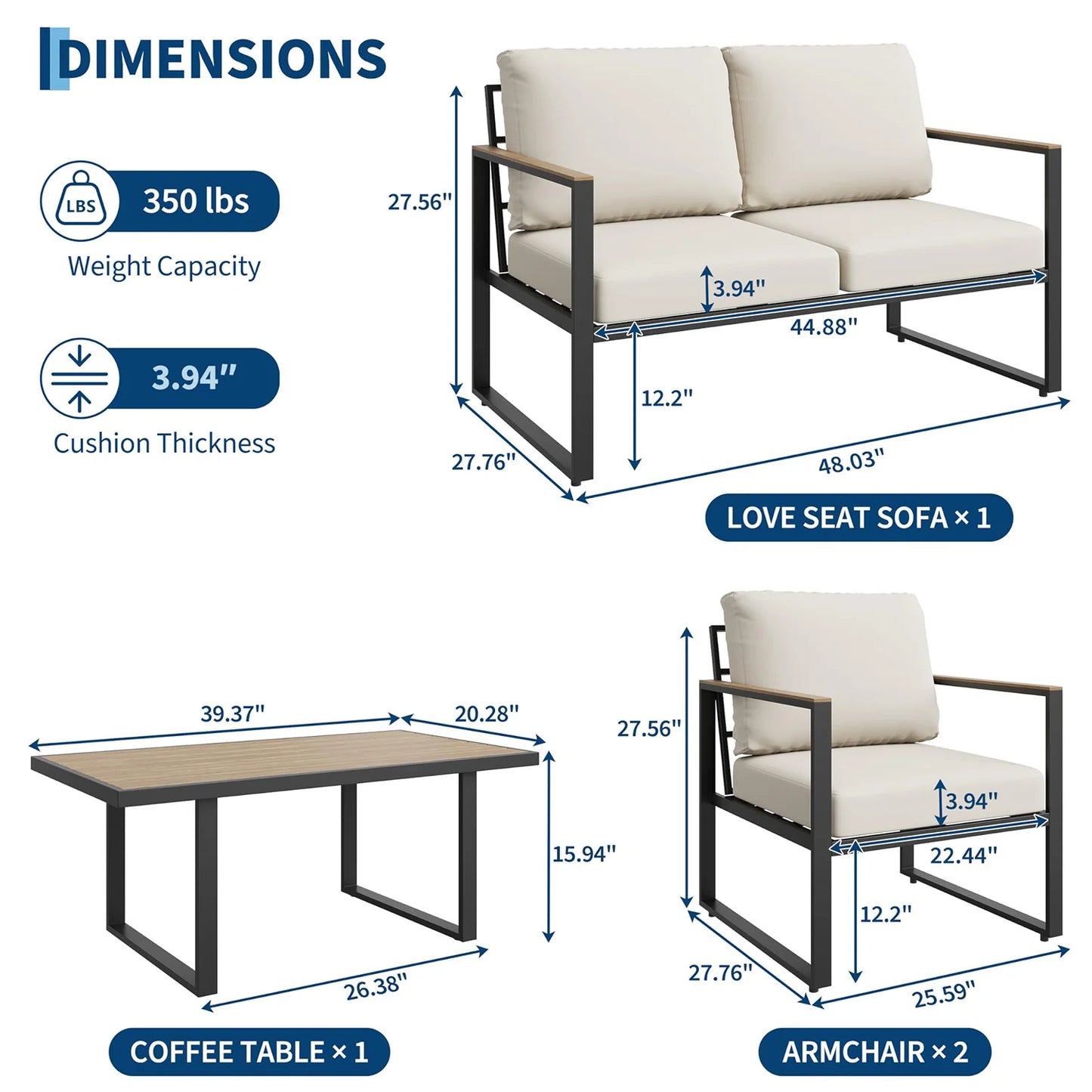 HobbyLane Modern 4-Piece Patio Sofa Set With Coffee Table