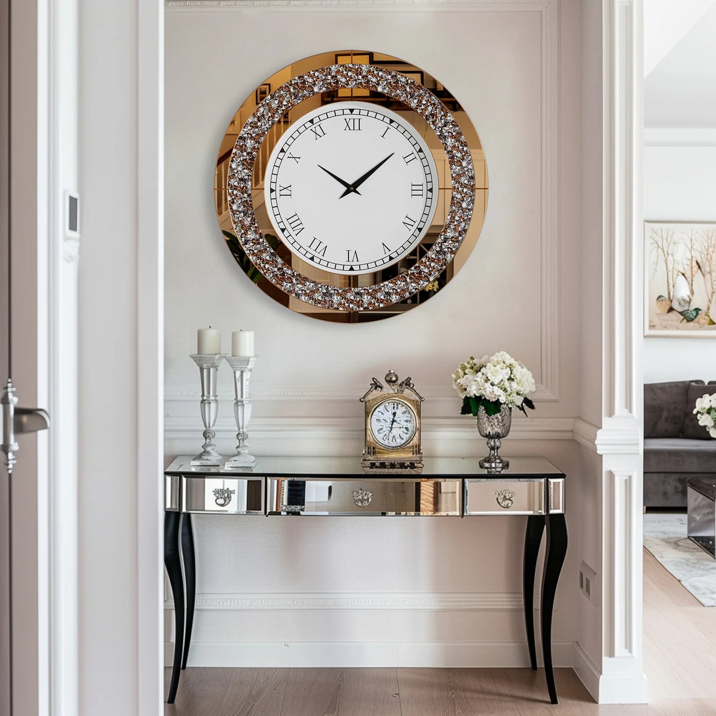 Round Mirrored Wall Clock With Crystal Sparkle Diamond Accents For Living Room