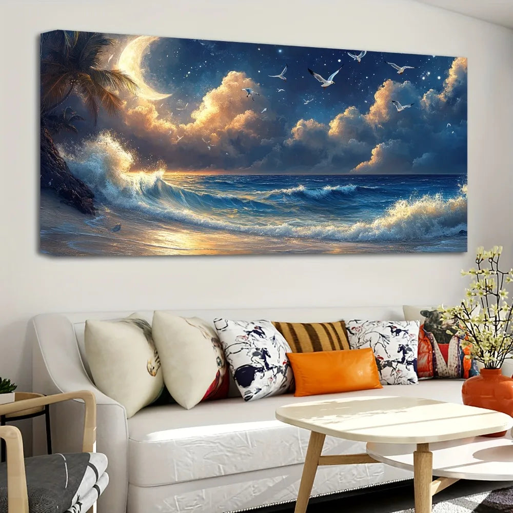 Hign Concerned Pine Wood Frame Moon Ocean Room Decor Mural