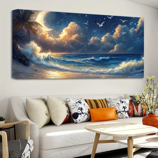 Hign Concerned Pine Wood Frame Moon Ocean Room Decor Mural