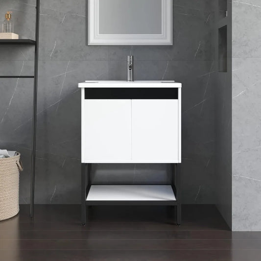 Ceramic Sink Vanity With Modern Chrome Faucet For Bathroom