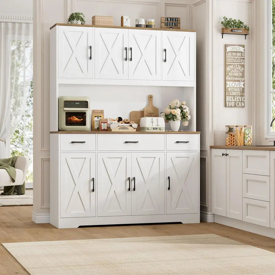 XMSJ Tall Pantry Cabinet With Charging Station And Countertop Storage