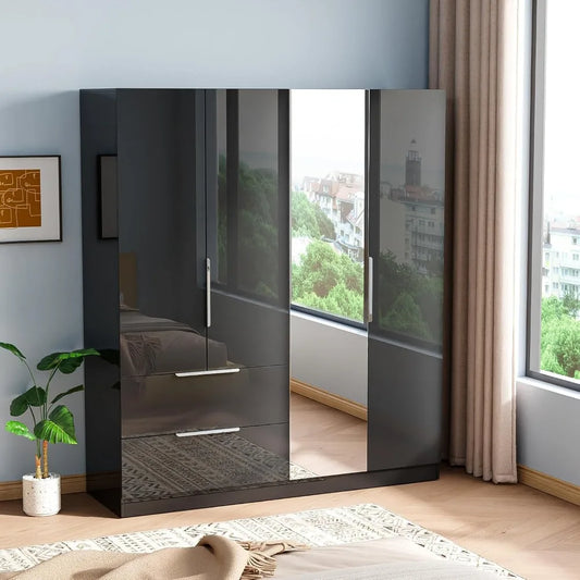 Ticify High Gloss Wardrobe With Mirror Four Doors Drawers