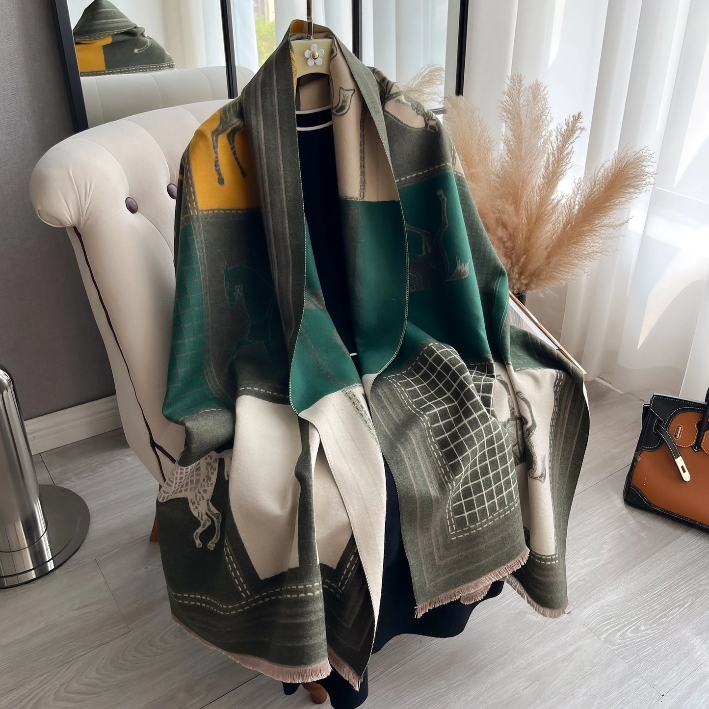 IROJEFF Luxury Winter Scarf Women Horse Print Warm Shawl